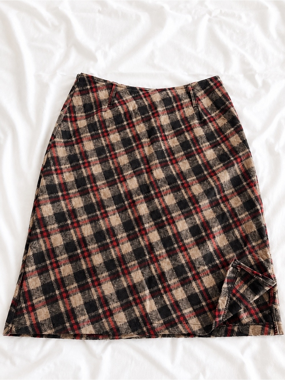 Plaid Pleated Midi Skirt Brown Red Black L - Picture 2 of 2